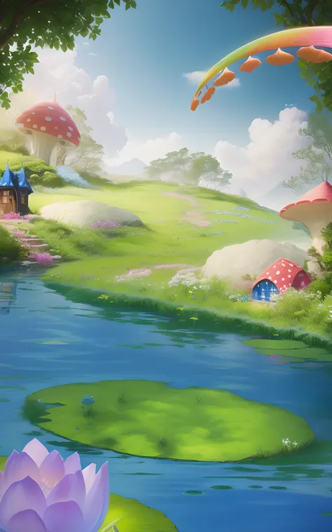 There is a pond，There is a lot of water lili and a house inside, magical fairy background, fantasy matte painting，Cute, whimsical fantasy landscape art, elf forest background, Fantasy background, magical forest backround, beautiful render of a fairytale, r...