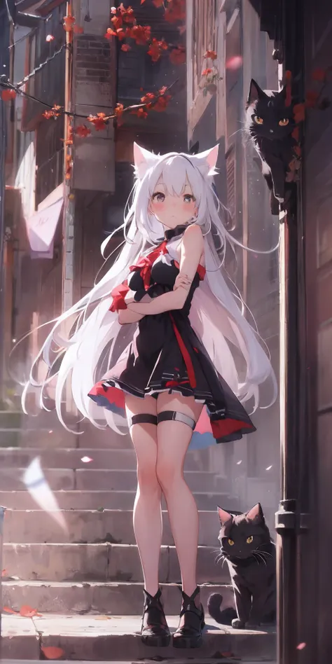 Anime girl with white hair and cat ears, ruby eyes, shy, blush, medium breast, bare legs, shoulders, dress, side view, high contrast, soft light, master piece, extraordinary nice