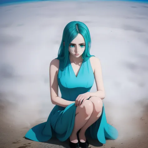 long blue hair, dusty blue dress, massive bust, sad, seafoam-green eyes, crouched down, looking away, far angle, beautiful, crying