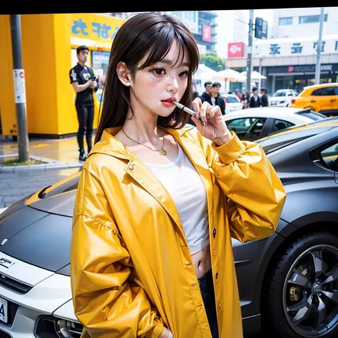 korean girl smoking a ciggarrate, smoking , smoke , wearing yellow jacket, detailed face , stand front of sportcar