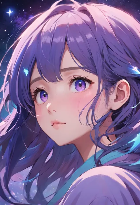 Half of the face of a Korean girl, Features realistic stroke styles and pastel colors using a purple and blue palette, With cosmos as a background and stars.