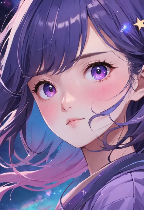 Half of the face of a Korean girl, Features realistic stroke styles and pastel colors using a purple and blue palette, With cosmos as a background and stars.