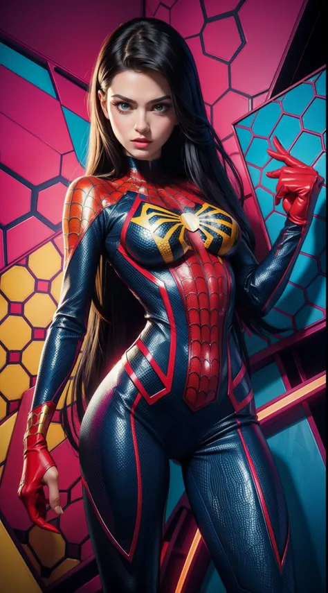 Spider-Woman из комиксов Marvel, Masterpiece, Best Quality, abstract, Psychedelic, Neon, (honeycomb pattern), (creative:1.3), Sy3, SMM, fantasy00d