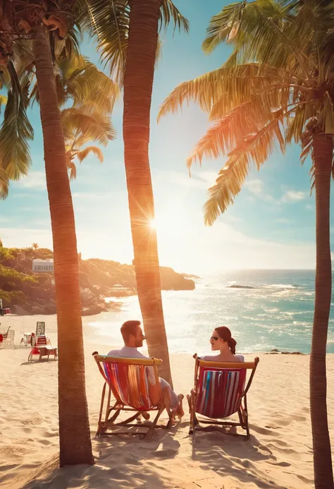 they are on the beach and smiling for the camera, smiling couple, happy couple, romantic couple, beautiful sunny day, mixed art, sun is shining, digitally enhanced, bright sunny day, in a beachfront environment, man and woman in love, inspiring, in a sceni...