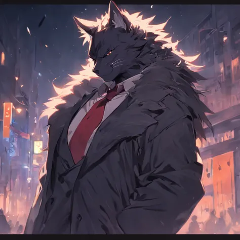 4K, high resolution, Best quality, Masterpiece, perfect colors, perfectly shaded, Perfect lighting, posted on e621, (by Chunie), Furry, anthro, Furry art,middle aged man，Big back，Black and white hair，stubbles，Handsome face，wind coat，Business suit，围巾，cigars...