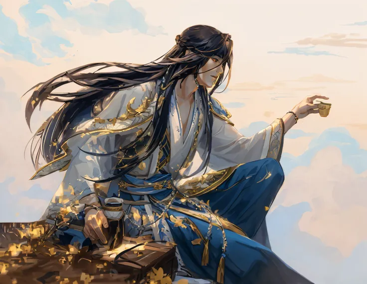 Image of Alphard sitting on a rock drinking, flowing hair and long robes, inspired by Wu Daozi, by Yang J, Beautiful character painting, Inspired by Cao Zhibai, handsome guy in demon killer art, inspired by Yeong-Hao Han, Inspired by Zhao Yuan, G Liulian a...