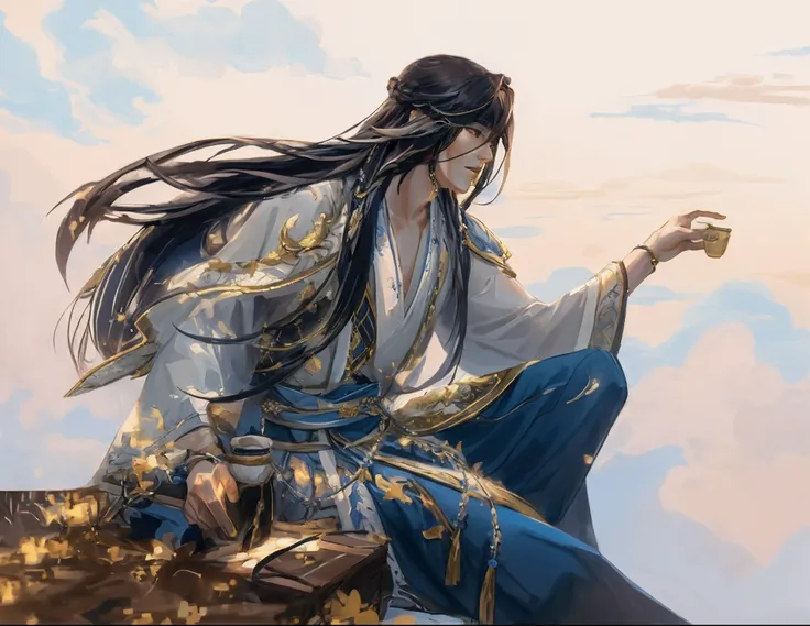 Image of Alphard sitting on a rock drinking, flowing hair and long robes, inspired by Wu Daozi, by Yang J, Beautiful character painting, Inspired by Cao Zhibai, handsome guy in demon killer art, inspired by Yeong-Hao Han, Inspired by Zhao Yuan, G Liulian a...