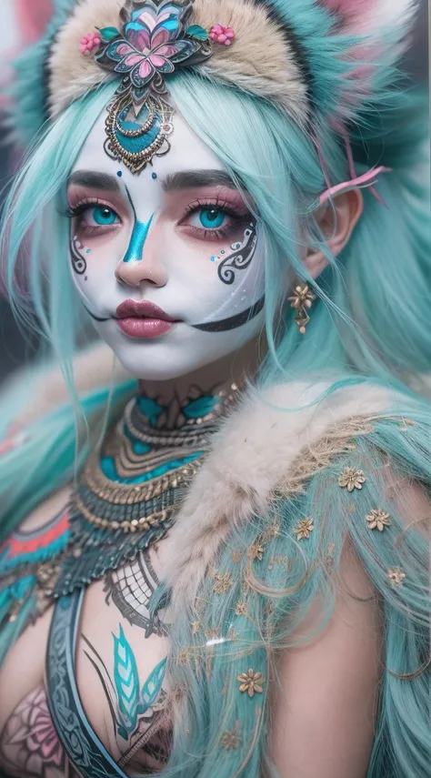 32k, close up, very beautiful tribal raccoon girl with excessive intricately detailed vivdly colorful facepaint bodypaint makeup, stunning radiant teal eyes, gorgeous white hair with pink highlights, magical night sky background