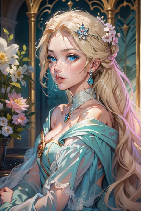 a woman sits in a huge makeup case，hold a flower, princess portrait, guviz-style artwork, blond-haired princess, portrait of pri...