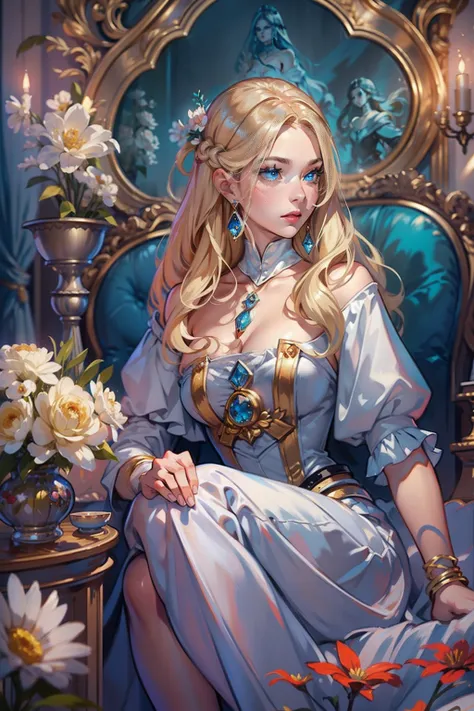 a woman sits in a huge makeup case，hold a flower, princess portrait, guviz-style artwork, blond-haired princess, portrait of pri...