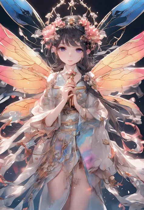 Flower Fairy, Transparent and colorful wings, magic wands，china style，8K，Lightmature style，The eyes are depressive，Anatomical details