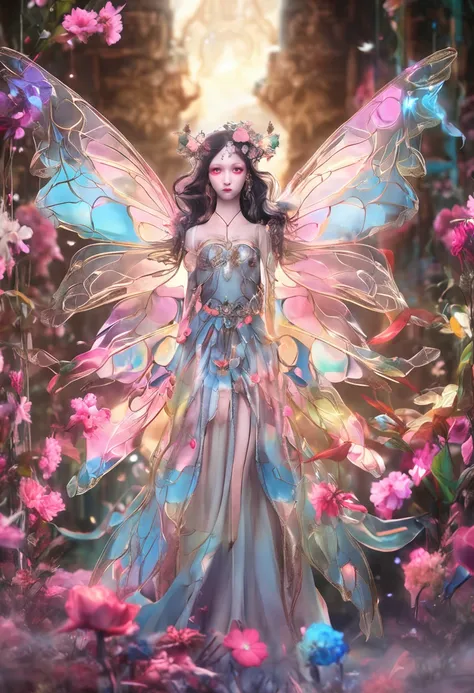 Flower Fairy, Transparent and colorful wings, magic wands，china style，8K，Lightmature style，The eyes are depressive，Anatomical details