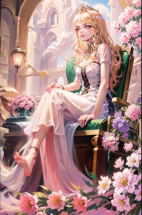 A woman sits in a huge makeup case，hold a flower, princess portrait, Guviz-style artwork, blond-haired princess, portrait of princess, Guviz, kazakh empress, portrait of a princess, portrait of princess zelda, in the art style of bowater, Baroque fluffy sk...