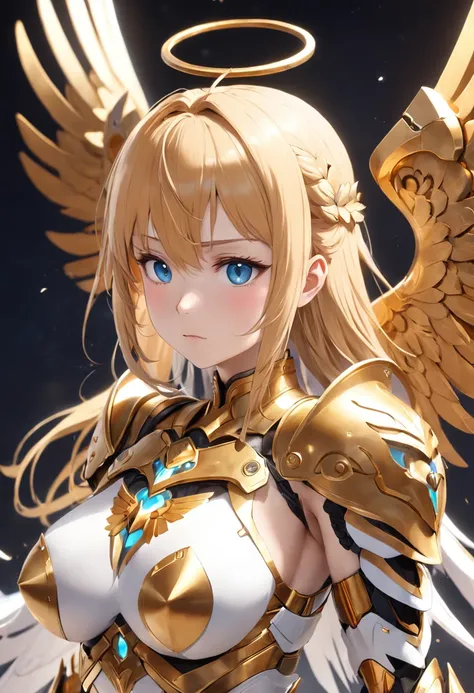 Close-up of a woman with very large breasts and wings, angelic golden armor, Anime goddess, angel knight girl, Goddess. Extremely high detail, as a mystical valkyrie, 8K high quality detailed art, knights of zodiac girl, 2. 5 D CGI anime fantasy artwork, e...