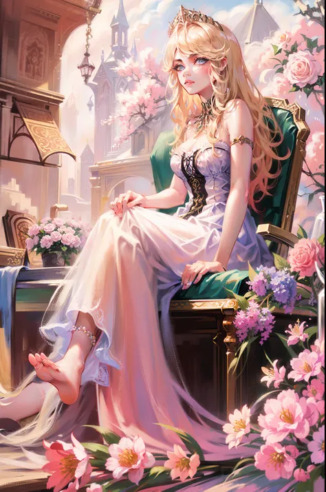 A woman sits in a huge makeup case，hold a flower, princess portrait, Guviz-style artwork, blond-haired princess, portrait of princess, Guviz, kazakh empress, portrait of a princess, portrait of princess zelda, in the art style of bowater, Baroque fluffy sk...