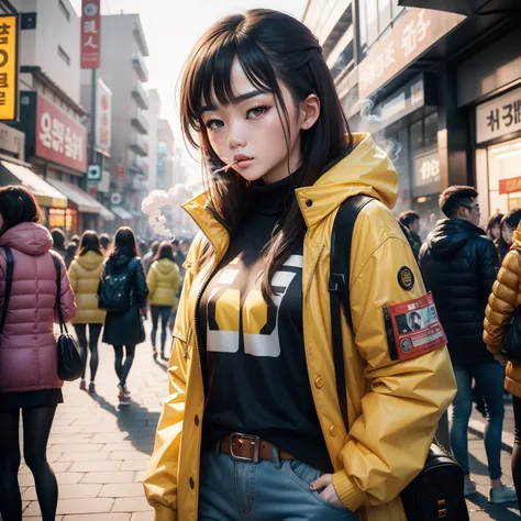 smoking korean girl at town with yellow jacket, detailed face , stand