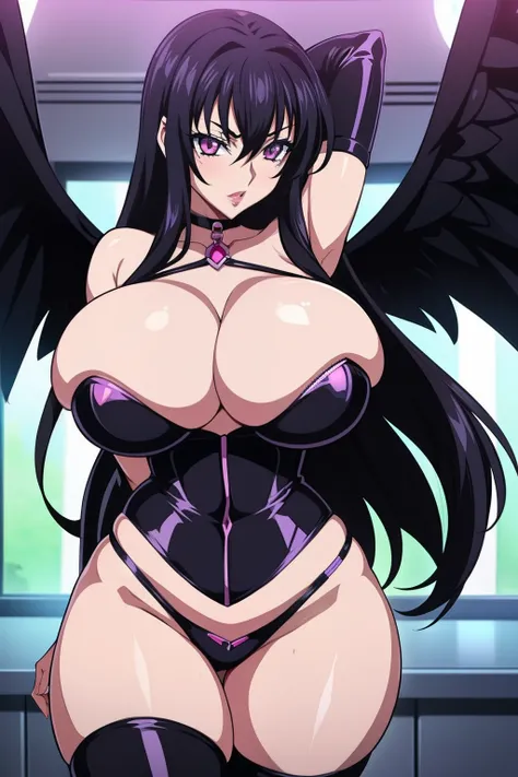 Highschool dxd, Raynare, 1girl, ((bimbo))), long black hair, purple eyes, puffy lips, painted lips, thick lips, wide hips, thick thighs, enormous natural breast, huge round ass, bubble butt, kiss face, black fallen angel outfit, shiny skin, enormous fake b...