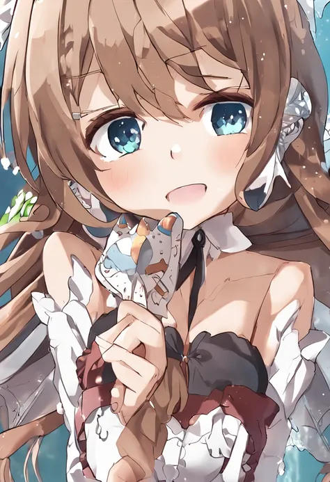 Light brown hair, Moles under the mouth, maid headdress, Shiny hair, hime-cut, Heart-shaped pupils, wince, Tears, aqua eyes, crying with eyes open, kemonomimi mode, Open mouth, Shy, Blush, Sleepy, Sad, Tongue out, pain, Crying, Unconscious, Moaning, rough ...