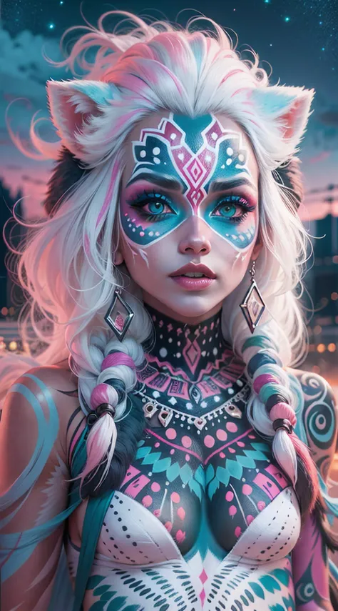 32k, full body, very beautiful tribal raccoon girl with excessive intricately detailed vivdly colorful facepaint bodypaint makeup, stunning radiant teal eyes, gorgeous white hair with pink highlights, magical night sky background