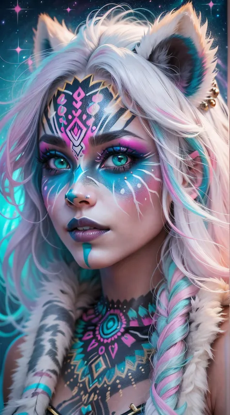 32k, full body, very beautiful tribal raccoon girl with excessive intricately detailed vivdly colorful facepaint bodypaint makeup, stunning radiant teal eyes, gorgeous white hair with pink highlights, magical night sky background