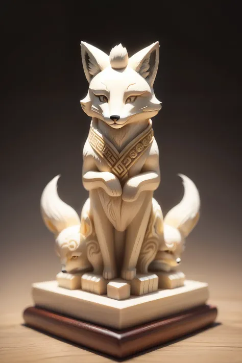 On the branches are fox carving art, stylised fox - like appearance, carved ivory, ivory carving, Chinese retro totem statue