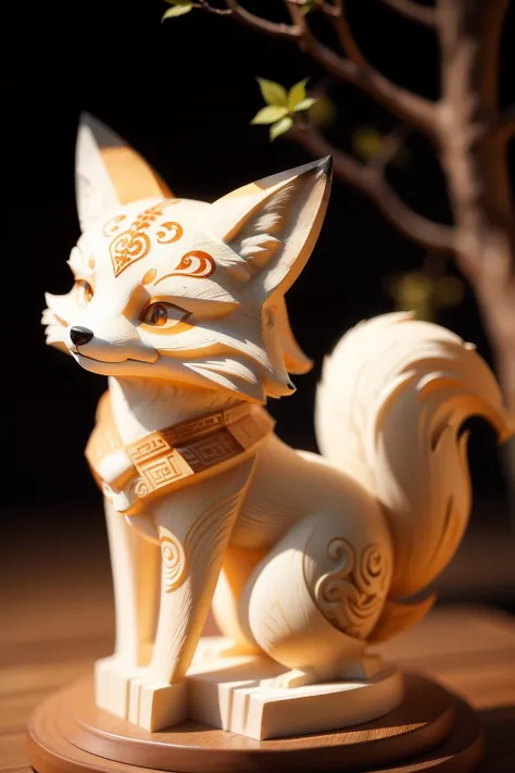 On the branches are fox carving art, stylised fox - like appearance, carved ivory, ivory carving, Chinese retro totem statue