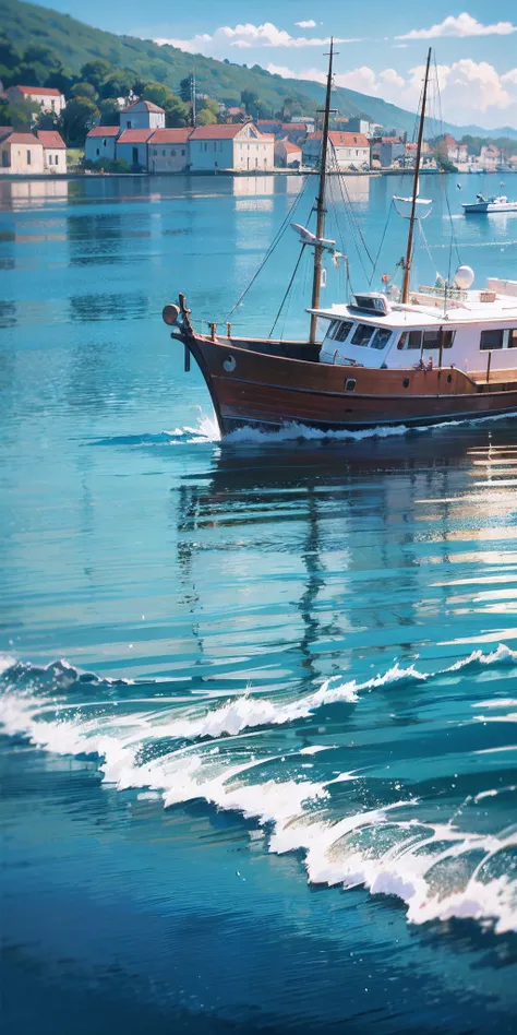 a white boat floating on top of a body of water, croatian coastline, photo taken with ektachrome, crystal clear sea, mediterranean island scenery, crystal clear blue water, pristine water, clear blue water, blue and green water, crystal clear water, perfec...