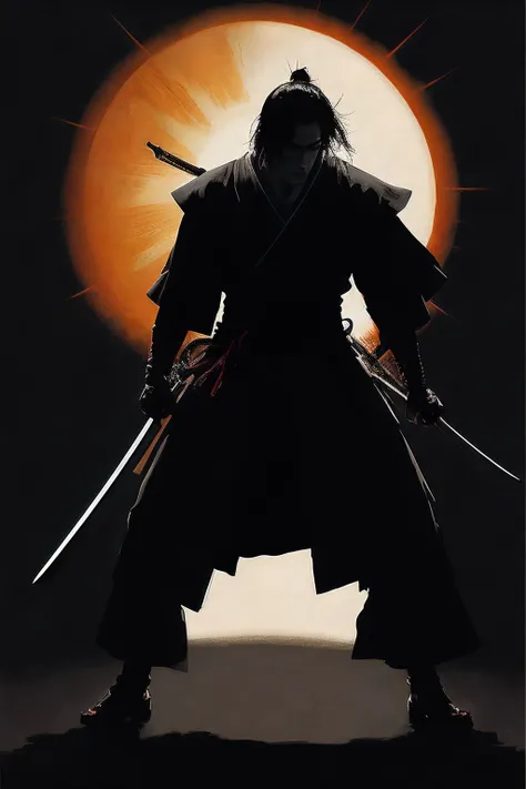 (style of ashley wood), Samurai, sword, battle mode, sun Ring background