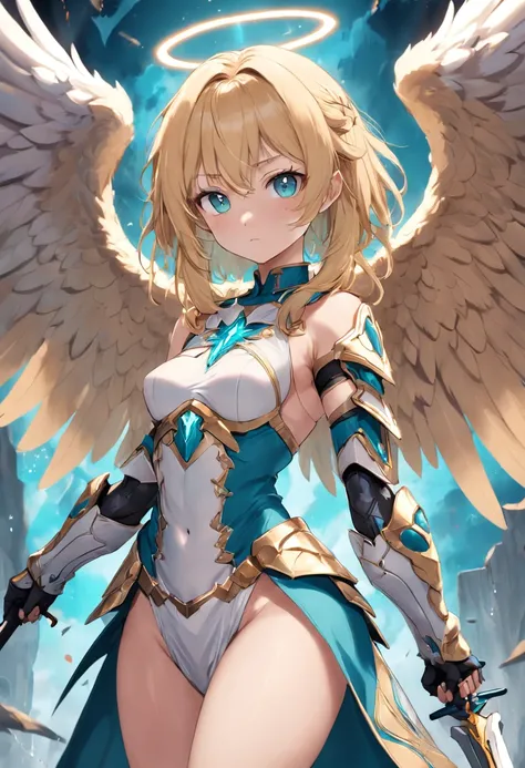 angelicales，teens girl，blond hairbl，Turquoise pupils，Six-winged angel，high and cold，big breasts beautiful，divino，dignified，Royal sister，with a round face，holding a large sword，Metal armor，chies