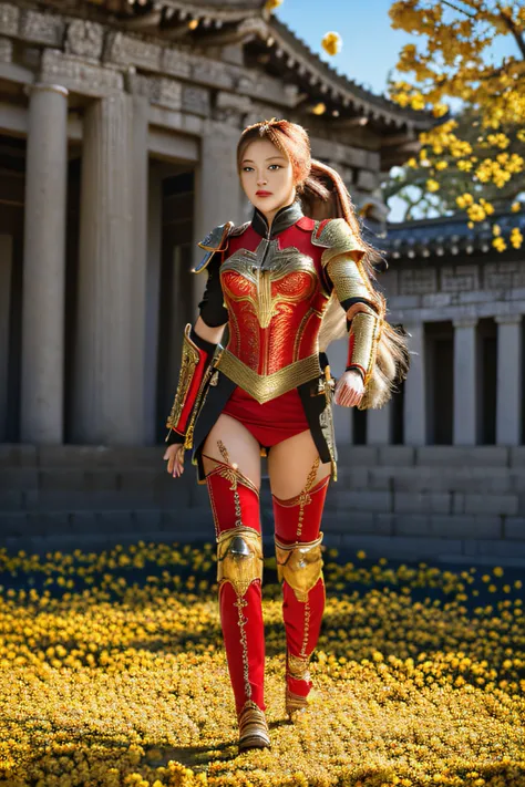 18 year old girl, korean, (8K, best quality:1.2), (masterpiece:1.37), (photo, photorealistic:1.37), (ultrahigh-res), full body, walking pose, shot from front, slow motion, female warrior wearing the full body, (golden and red accent armour:1.2),(ornately d...