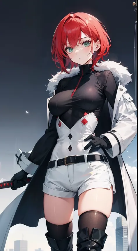 Girl with big red hair，Handsome，little breast，short detailed hair，Sideburns hair is longer，Green eyes，Black tight turtleneck fighting suit，White wide David coat，blue jeans short pants，Grey asymmetrical stockings，Black Martin boots，Hold a long sword in your...