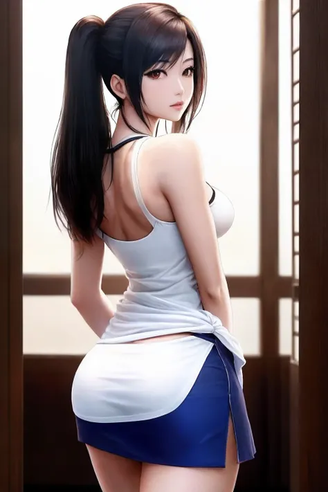 rialistic photo、Real Images、Top image quality、poneyTail、Horen Tsuchiya、Arab asian woman in white tank top and blue skirt, Tifa Lockhart, Tifa, Tifa Lockhart, Japanese Models, seductive tifa lockhart portrait, Korean Girl, trending at cgstation, beautiful j...