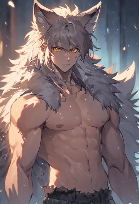 4K, high resolution, Best quality, Masterpiece, perfect colors, perfectly shaded, Perfect lighting, posted on e621, (by Chunie), Furry, anthro, Furry art, ((Portrait)), Male wolf, gray wolf, (two-toned fur), hairy bodies, Yellow eyes, (Seductive look:1.2),...