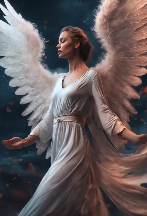 Full body angel with stretched wings in heaven