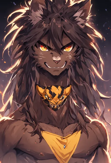 4K, high resolution, Best quality, Masterpiece, perfect colors, perfectly shaded, Perfect lighting, posted on e621, (by Chunie), Furry, anthro, Furry art, ((Portrait)), Male leopard, black panther, Long bi-tone hair，（eye glass），hairy bodies, Yellow eyes,  ...