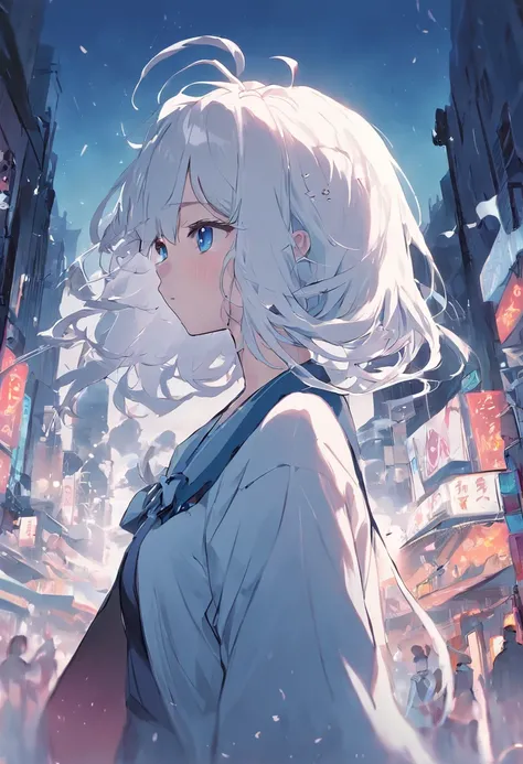 White color hair，Double ponytail curls，blue color eyes，White Lolita，Beth，A bustling city street