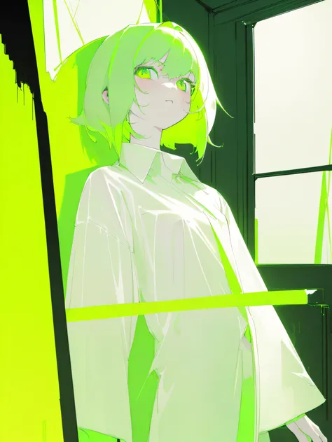 ​masterpiece, top quality, highest resolution, 1girl in 8years old, (white oversized shirt:1.3), (pale green hair with a lot of fluorescent colors), (delicate fluorescent green eyes:1.4), (a corner of a dark room), (fullnude:1.0), (highcontrast:1.1)