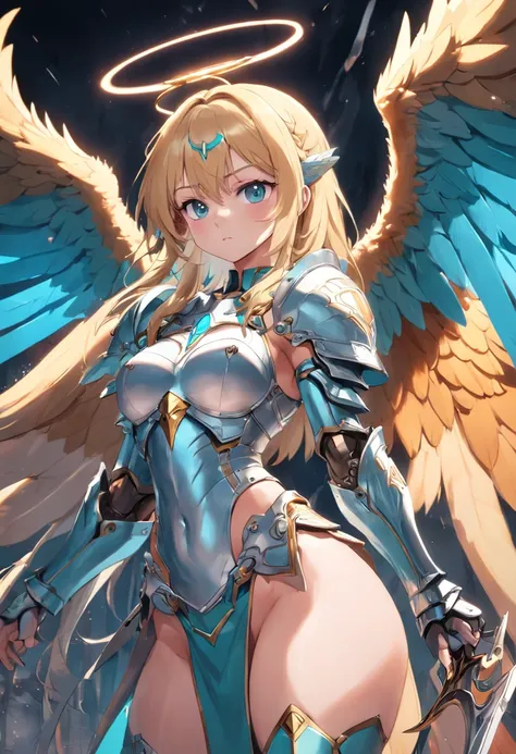 angelicales，teens girl，blond hairbl，Turquoise pupils，Six wings，high and cold，big breasts beautiful，divino，dignified，Royal sister，with a round face，holding a large sword，Metal armor，chies，well dressed，Safety pants