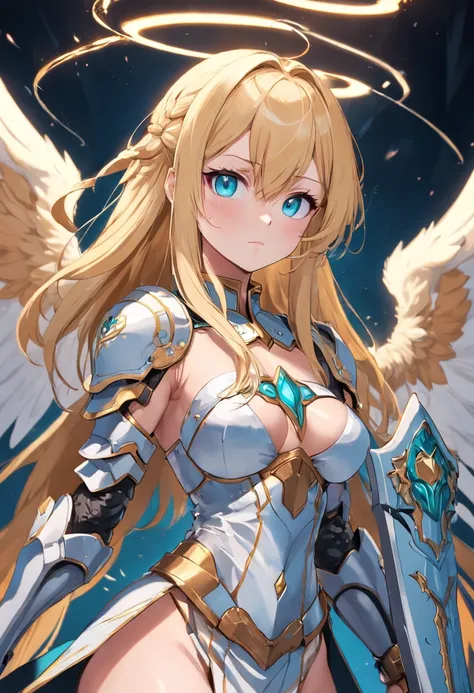 angelicales，teens girl，blond hairbl，Turquoise pupils，Six wings，high and cold，big breasts beautiful，divino，dignified，Royal sister，with a round face，holding a large sword，Metal armor，chies，well dressed，Safety pants