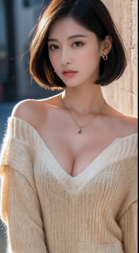 ((Realistic lighting, 8k, top quality, masterpiece: 1.3)), (Realistic, Sharp Focus: 1.2), Raw Photos, Very Delicate and Cute Japan Girl: 1.4, (1 girl)), Perfect style, Super Detail, High Resolution, White Long Pants, (Long Sleeve Sweater, Off Shoulder: 1.1...