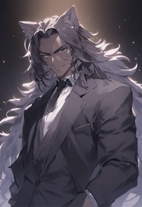 4K, high resolution, Best quality, Masterpiece, perfect colors, perfectly shaded, Perfect lighting, posted on e621, (by Chunie), Furry, anthro, Furry art,middle aged man，Big back，Black and white hair，stubbles，Handsome face，wind coat，Business suit，围巾，cigars...