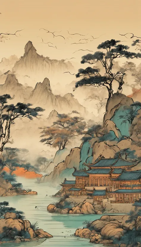 Chinese murals with rural scenery, Light orange and light cyan style, Layered landscape, Art in the style of ancient Chinese ink painting, monumental murals, Ricoh FF-9D, Golden Age aesthetics, Exotic landscape