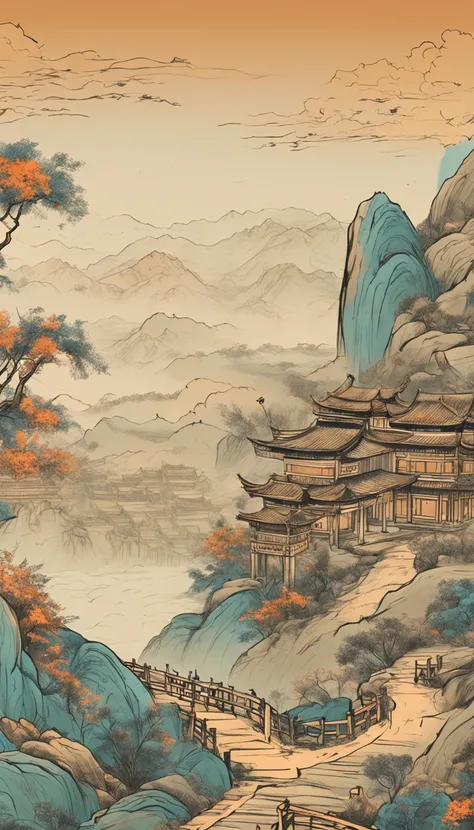 Chinese murals with rural scenery, Light orange and light cyan style, Layered landscape, Art in the style of ancient Chinese ink painting, monumental murals, Ricoh FF-9D, Golden Age aesthetics, Exotic landscape