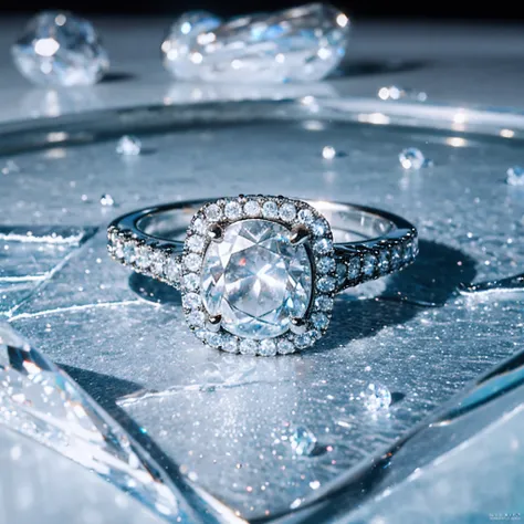 An exquisitely encrusted ring with a transparent diamond on ((Ice)) Lake, eflection light, drop shadow, macro photo, super detail, high quality, award winning, masterpiece, exquisite detail, top-notch quality, award-winning masterpiece, hyper realism, intr...