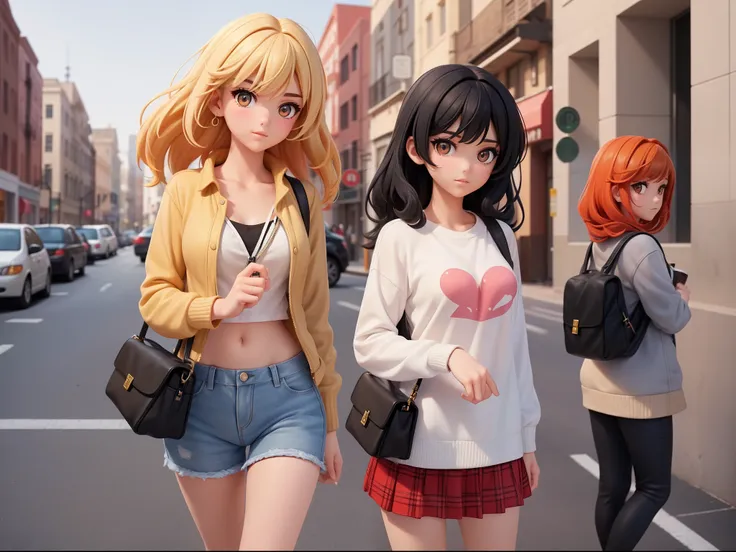 (1st girl, black hair), (2nd girl, blonde), (3rd girl, red hair), perfect face, on the street, masterpiece, super detail, best q...