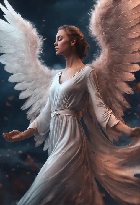 Full body angel with stretched wings in heaven