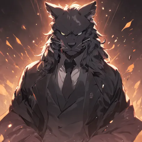 4K, high resolution, Best quality, Masterpiece, perfect colors, perfectly shaded, Perfect lighting, posted on e621, (by Chunie), Furry, anthro, Furry art,middle aged man，Big back，Black and white hair，stubbles，Handsome face，wind coat，Business suit，围巾，cigars...