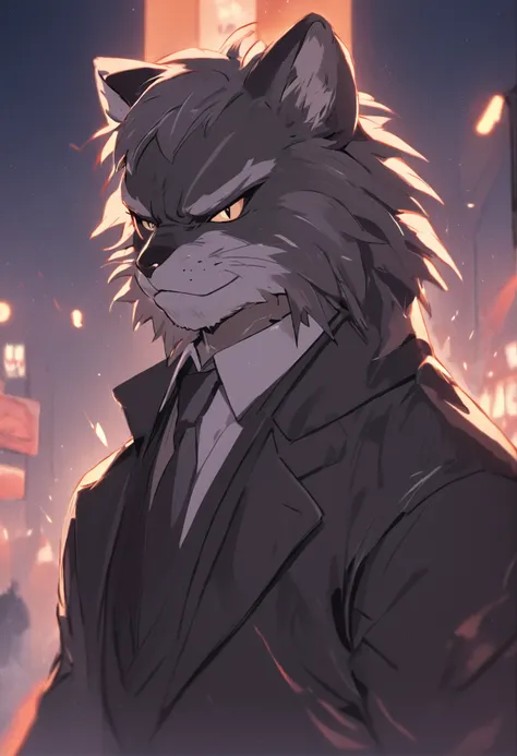 4K, high resolution, Best quality, Masterpiece, perfect colors, perfectly shaded, Perfect lighting, posted on e621, (by Chunie), Furry, anthro, Furry art,middle aged man，Big back，Black and white hair，stubbles，Handsome face，wind coat，Business suit，围巾，cigars...