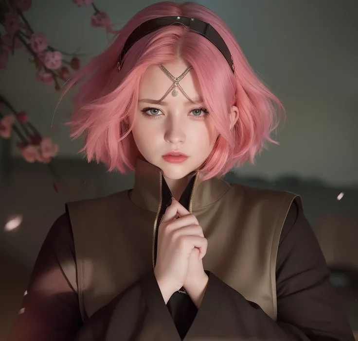 Sakura haruno. A woman was out in the middle of the night. Her hands were in front of her clenched chest. He was seen wearing a plain long black shirt with a dark green vest. He looked intently into the camera. With a pink hair that looks swollen and uneve...