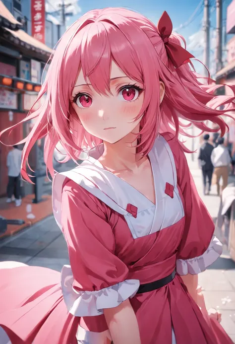 Arakfi girl with pink hair and red and white dress, Anime girl cosplay, Anime cosplay, Anime girl in real life, hyper realistic anime, Photorealistic anime, anime realism style, anime-inspired, realistic anime artstyle, Anime style. 8K, Pink girl, with pin...